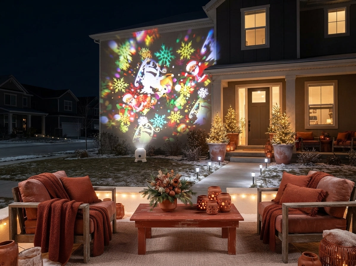A house exterior at night covered in bright, sharp Christmas light projections from a rotating LED projector.