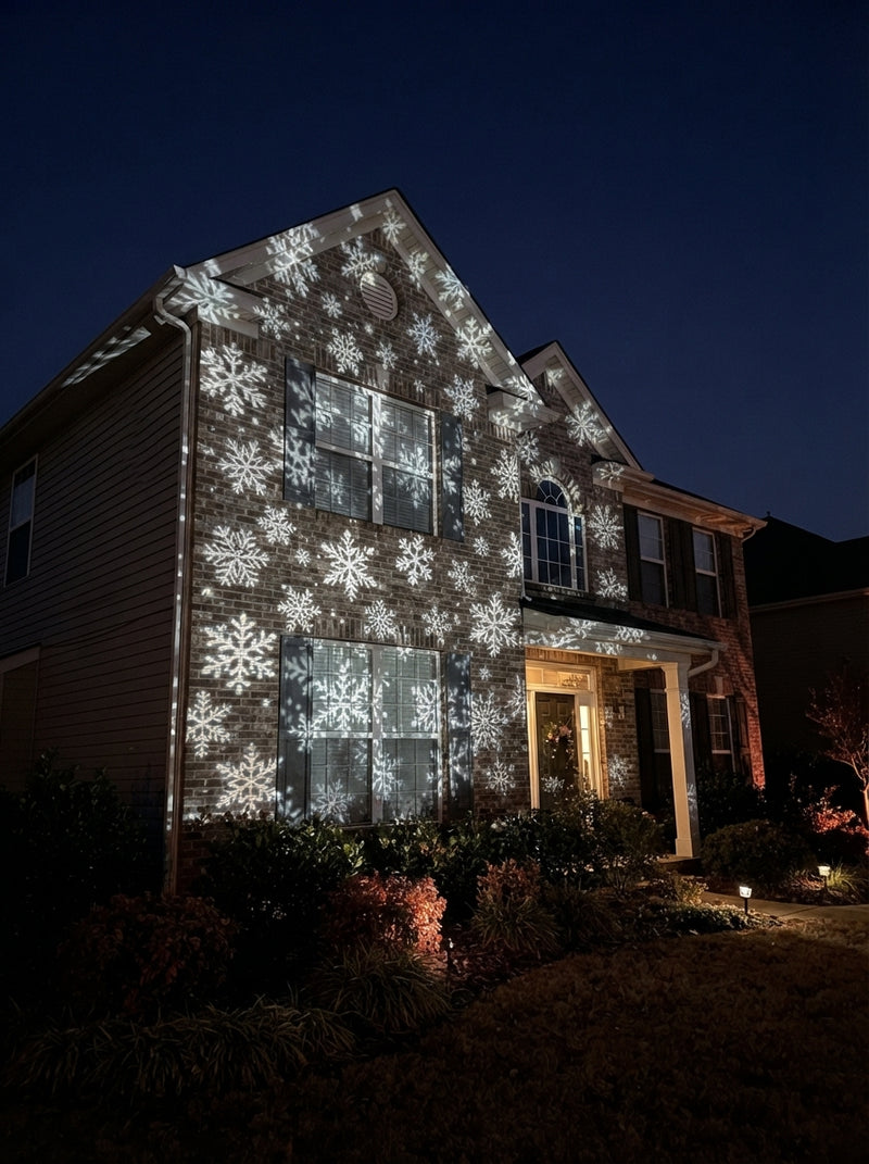 A two-story house exterior at night illuminated by moving snowflake light projections from a Christmas LED projector.